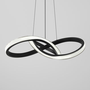 The Artika Morgan LED contemporary pendant light features two interlocking circular rings—one black and one illuminated—suspended by three thin wires against a plain light gray background.