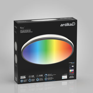 Artika Macy 15 in. LED RGB WiFi ceiling light box shows a large oval rainbow light and app control icons on front.