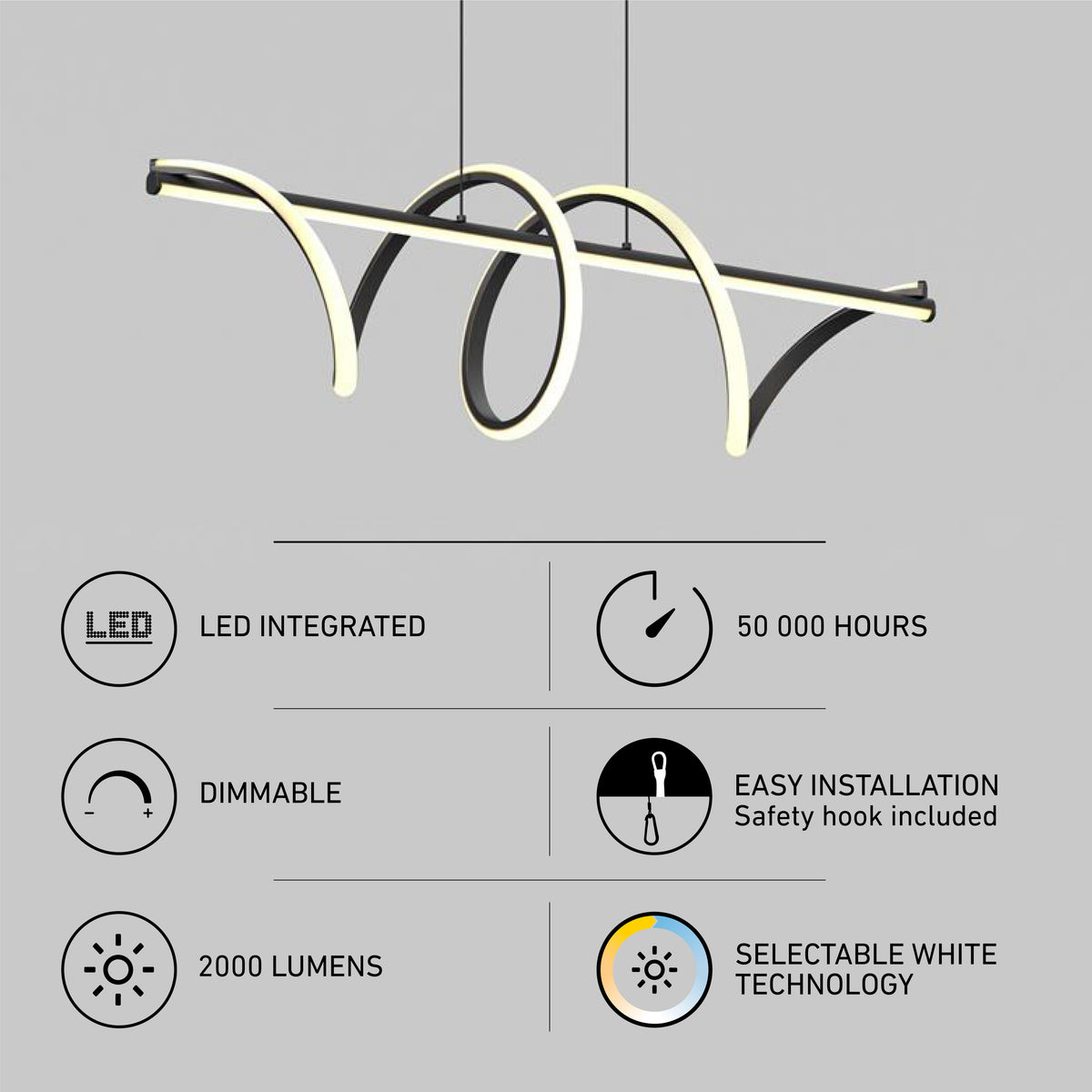 Modern pendant LED light fixture with looping, curved design. Features listed: LED integrated, 50,000 hours lifespan, dimmable, easy installation with safety hook, 2000 lumens, and selectable white technology.