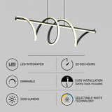Modern pendant LED light fixture with looping, curved design. Features listed: LED integrated, 50,000 hours lifespan, dimmable, easy installation with safety hook, 2000 lumens, and selectable white technology.