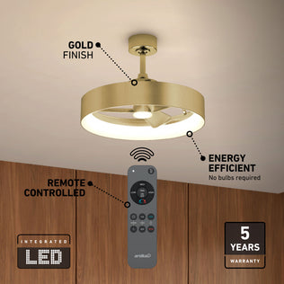 Artika Austin 23 in. LED fandelier ceiling fan, gold finish, remote, energy efficient, 5-year warranty—shown above wooden cabinets.
