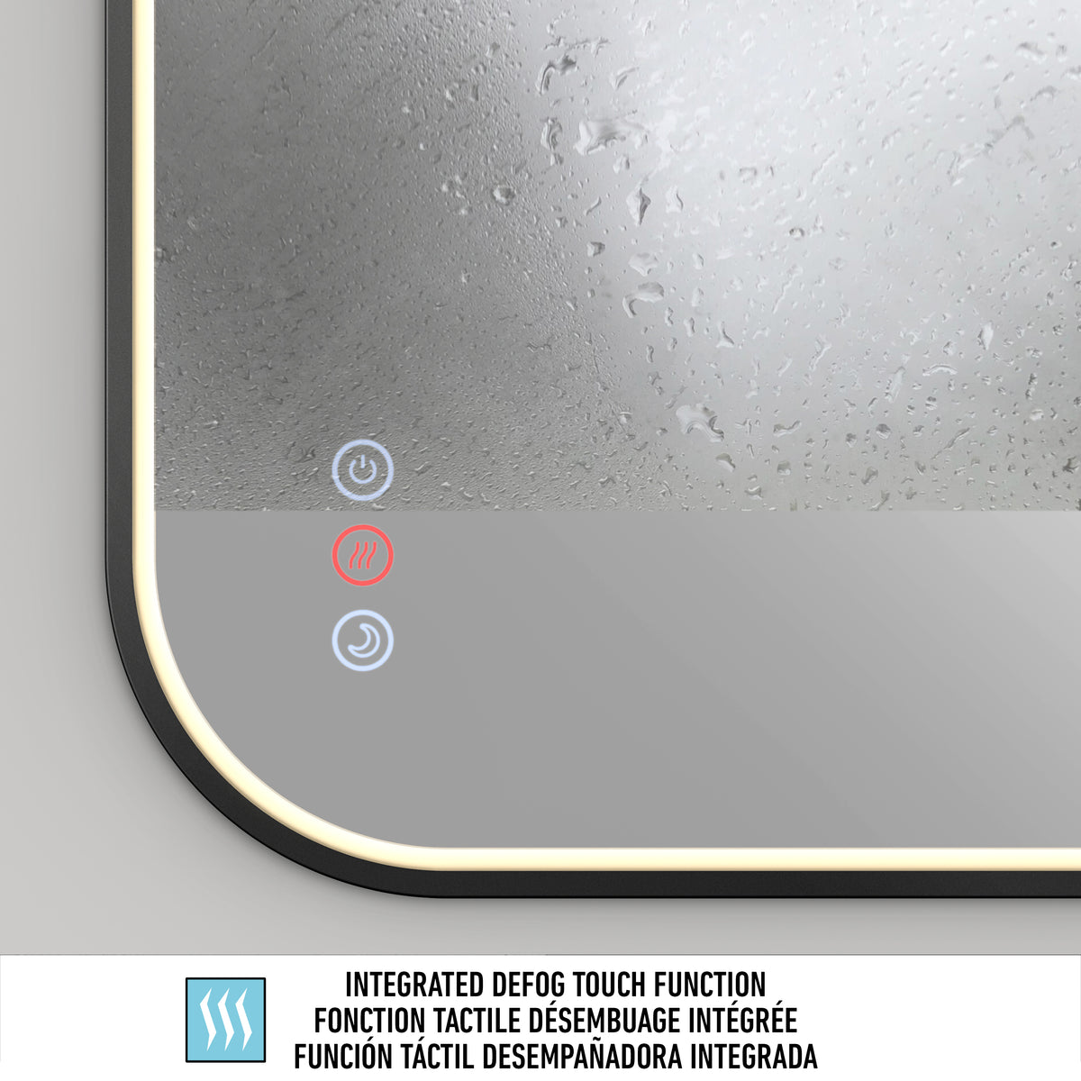 A close-up of the Artika Royce Dimmable LED Mirror, 3 CCT, shows illuminated touch buttons for power and defogger, an LED border glow, and condensation. Text below highlights the Integrated Defog Touch Function in three languages.