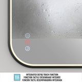 A close-up of a foggy mirror with illuminated LED icons for touch controls, including a defogger symbol, and text below reading “Integrated Defog Touch Function” in English, French, and Spanish.