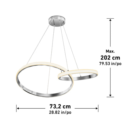 Artika Mora 28″ LED Pendant, 5CCT—sleek silver dimmable two-ring modern light, max height 202 cm, for any space.