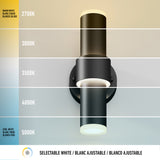 A modern wall-mounted light fixture emits light in different color temperatures, ranging from warm white (2700K) at the top to cool white (5000K) at the bottom, with labeled sections showing each temperature.