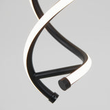 A close-up of a modern, black and white LED pendant light with a spiral, twisting design against a plain light gray background.