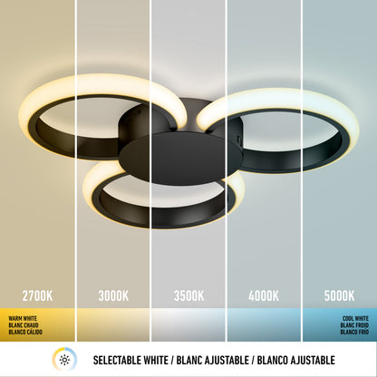 The Artika Nyala 15 in. LED flush mount light 5CCT is displayed with five color temperatures (2700K, 3000K, 3500K, 4000K, and 5000K), from warm yellow to cool white, labeled in English, French, and Spanish.