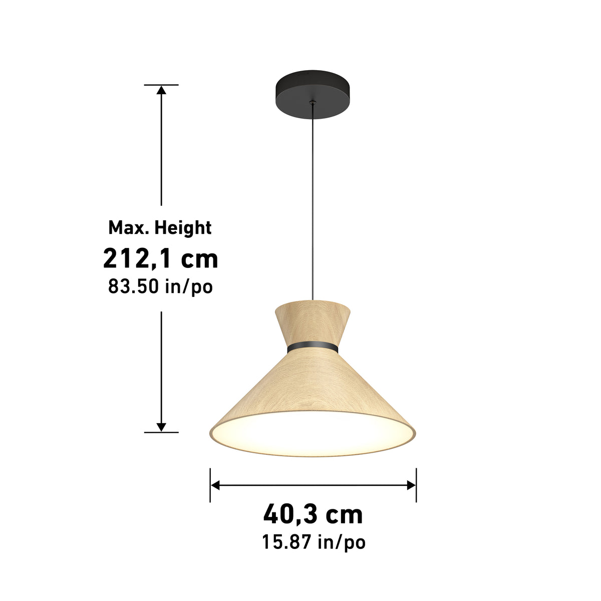 Pendant light fixture with a conical wooden shade, shown hanging from a black ceiling mount. Text indicates maximum height is 212.1 cm (83.50 in) and shade diameter is 40.3 cm (15.87 in).