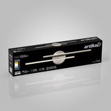 A black rectangular box for an Artika light fixture, model CISCO, featuring product details, energy ratings, and an image of a modern, horizontal LED light on the packaging.