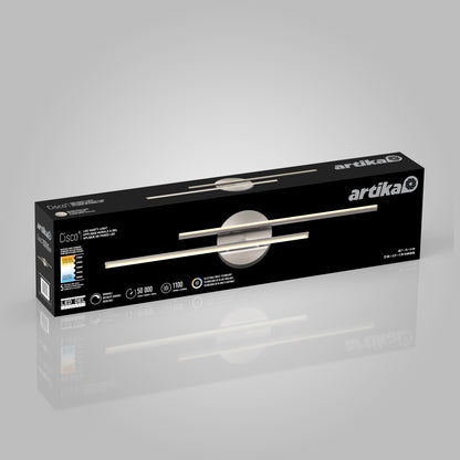 Box for the Artika Cisco modern LED bathroom vanity light 5 CCT, showcasing a sleek design with two horizontal light bars on the black packaging, which highlights product info and specifications.