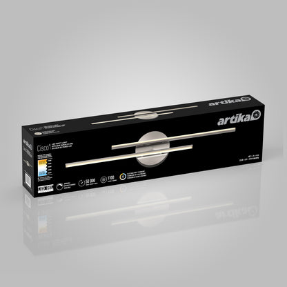 A black rectangular Artika box displays the Cisco modern LED bathroom vanity light 5 CCT, featuring adjustable color temperature, dimmable brightness, energy efficiency, and long lifespan—ideal for bathroom lighting.