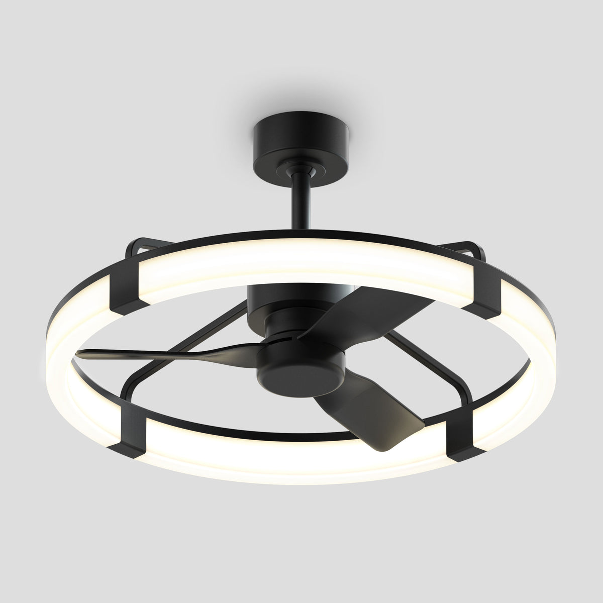 A modern ceiling fan with three black blades and a circular LED light ring, mounted on a short black rod against a plain gray background.