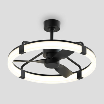 A modern ceiling fan with three black blades and a circular LED light ring, mounted on a short black rod against a plain gray background.