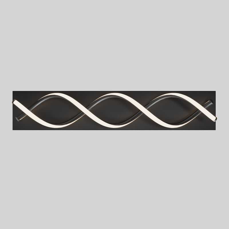 Artika's DNA modern LED bathroom vanity light features two intertwined wavy tubes on a sleek black base against a light gray background.