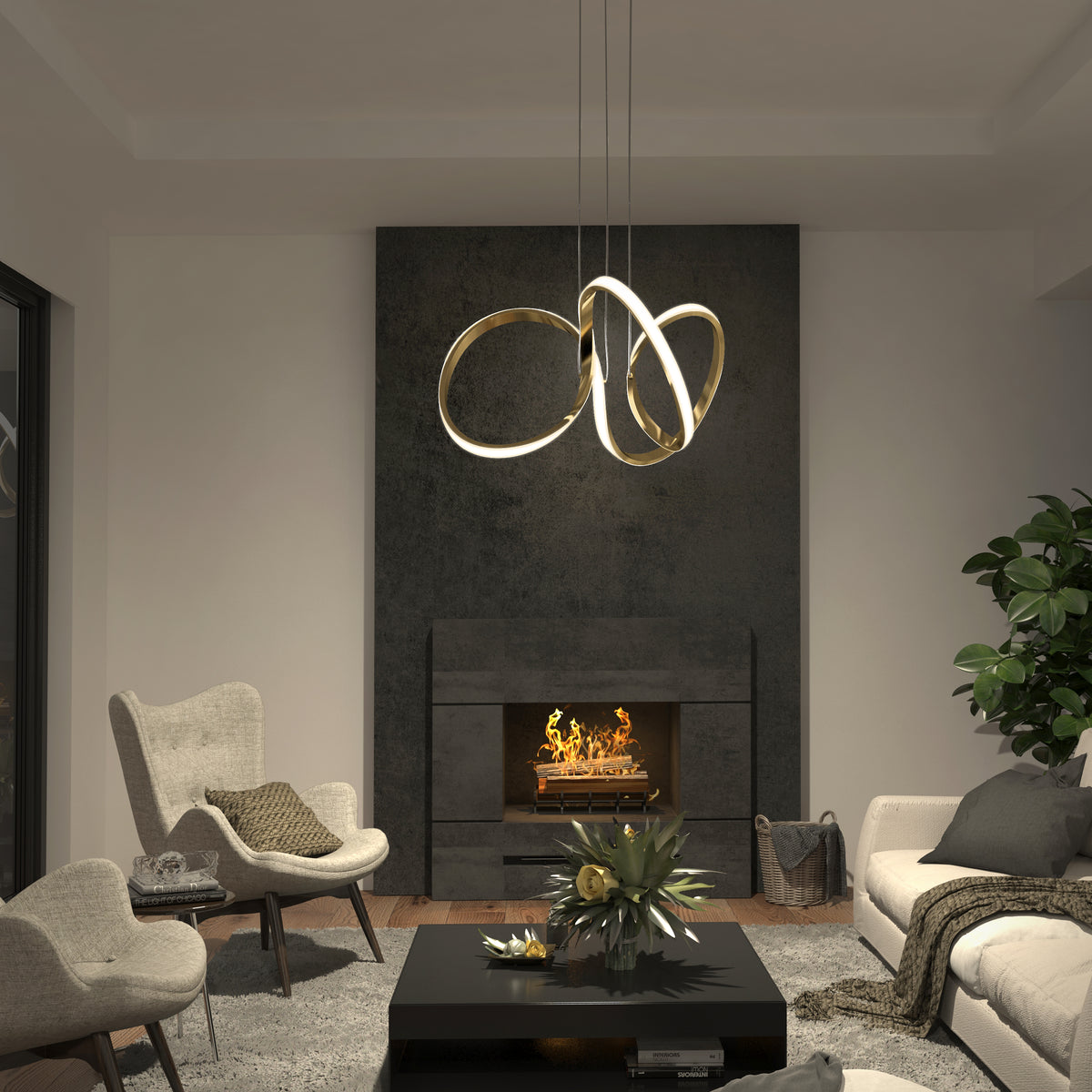 A modern living room features Artika's Swirl LED pendant light glowing overhead, a lit fireplace, neutral armchairs, a white sofa, a centerpiece-topped coffee table, and a large green plant in the corner.