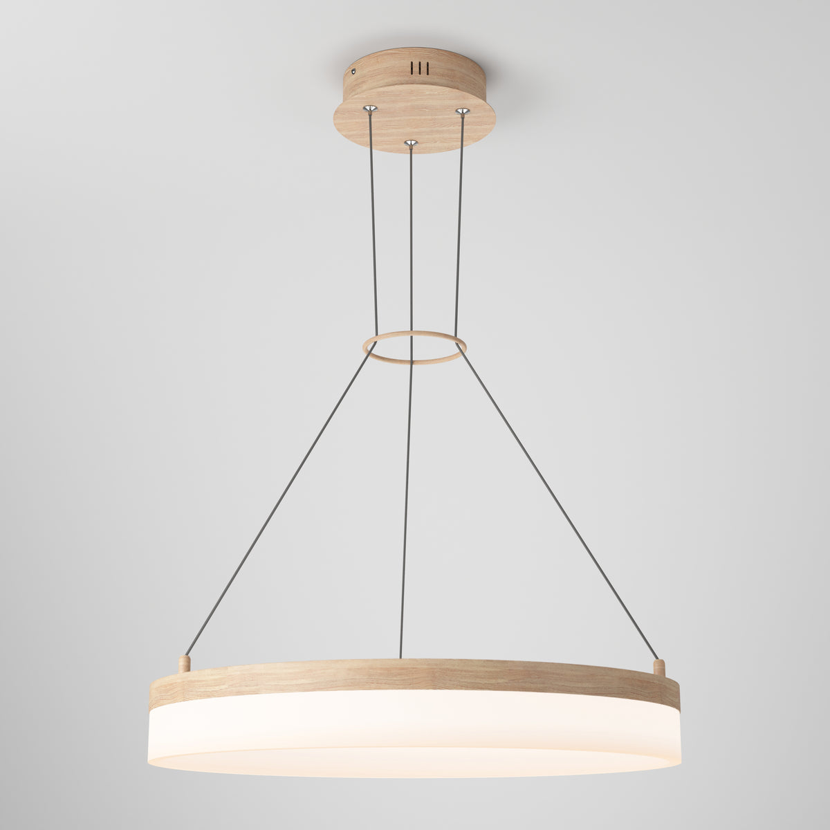 A modern pendant light with a round wooden frame and white diffuser, suspended from the ceiling by three black cables attached to a circular wooden ceiling mount. The design is minimal and contemporary.