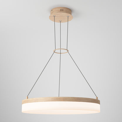 The Artika Optical LED pendant light 3 CCT is a minimalist ceiling fixture featuring a circular wooden frame, three slim black cables, and a white diffused LED panel suspended from a wood-finished mount.