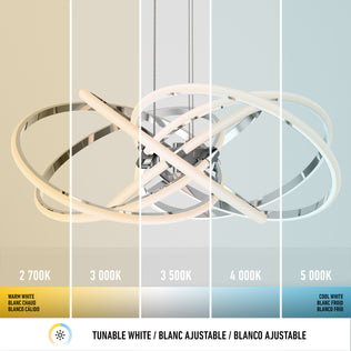 The Artika Maelstrom modern LED pendant light 5 CCT is displayed under five color temperatures (2,700K–5,000K), showing tunable white effects from warm to cool white.