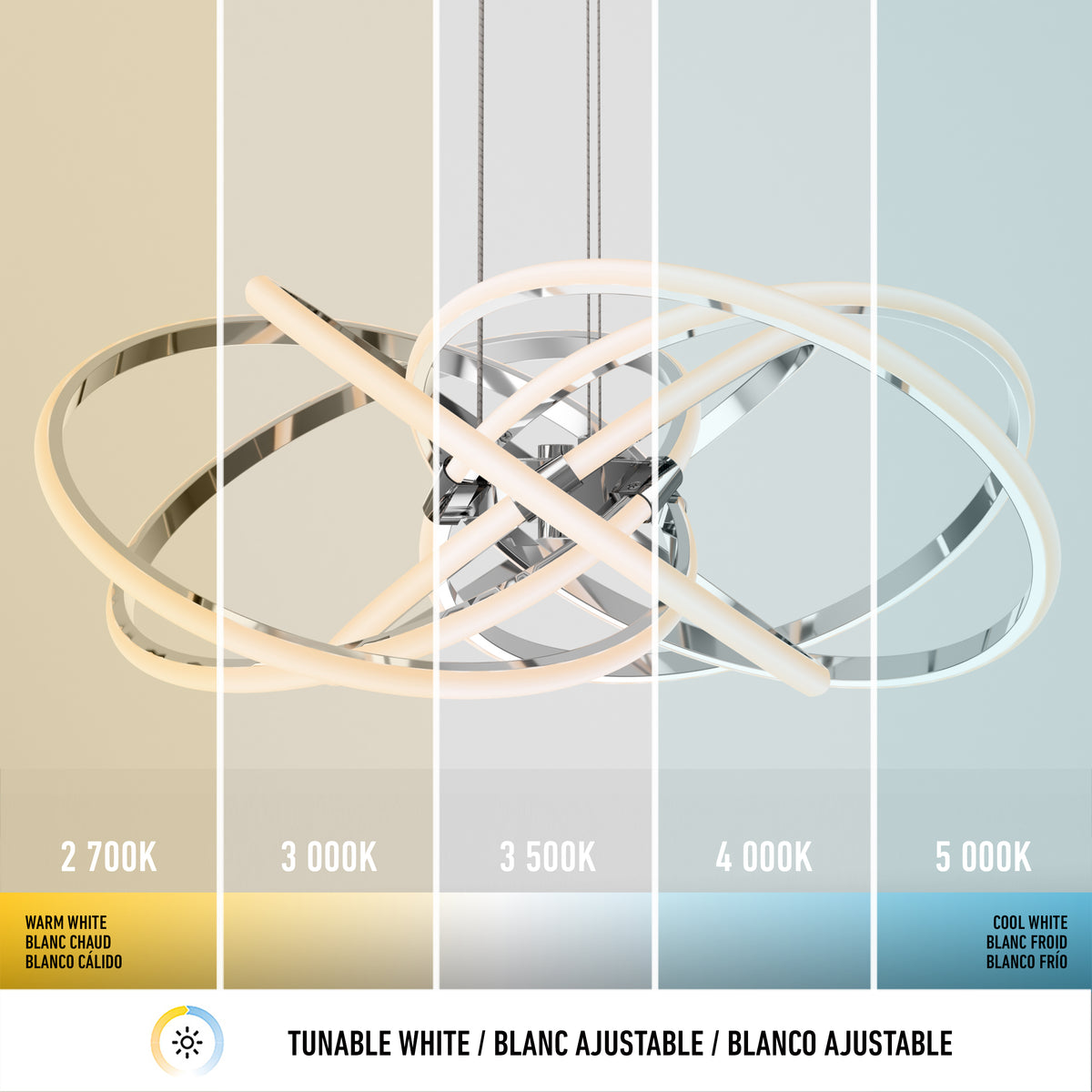 Modern pendant light with overlapping rings shown under five different white light temperatures, ranging from warm white (2700K) on the left to cool white (5000K) on the right, with labels for each temperature.