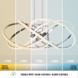 Modern pendant light with overlapping rings shown under five different white light temperatures, ranging from warm white (2700K) on the left to cool white (5000K) on the right, with labels for each temperature.
