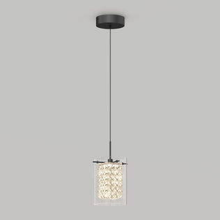 The Artika Crystal Cube 1-light LED pendant light features a modern design with a black ceiling mount and cord, plus a cylindrical glass shade filled with textured crystals that gently diffuse the light.
