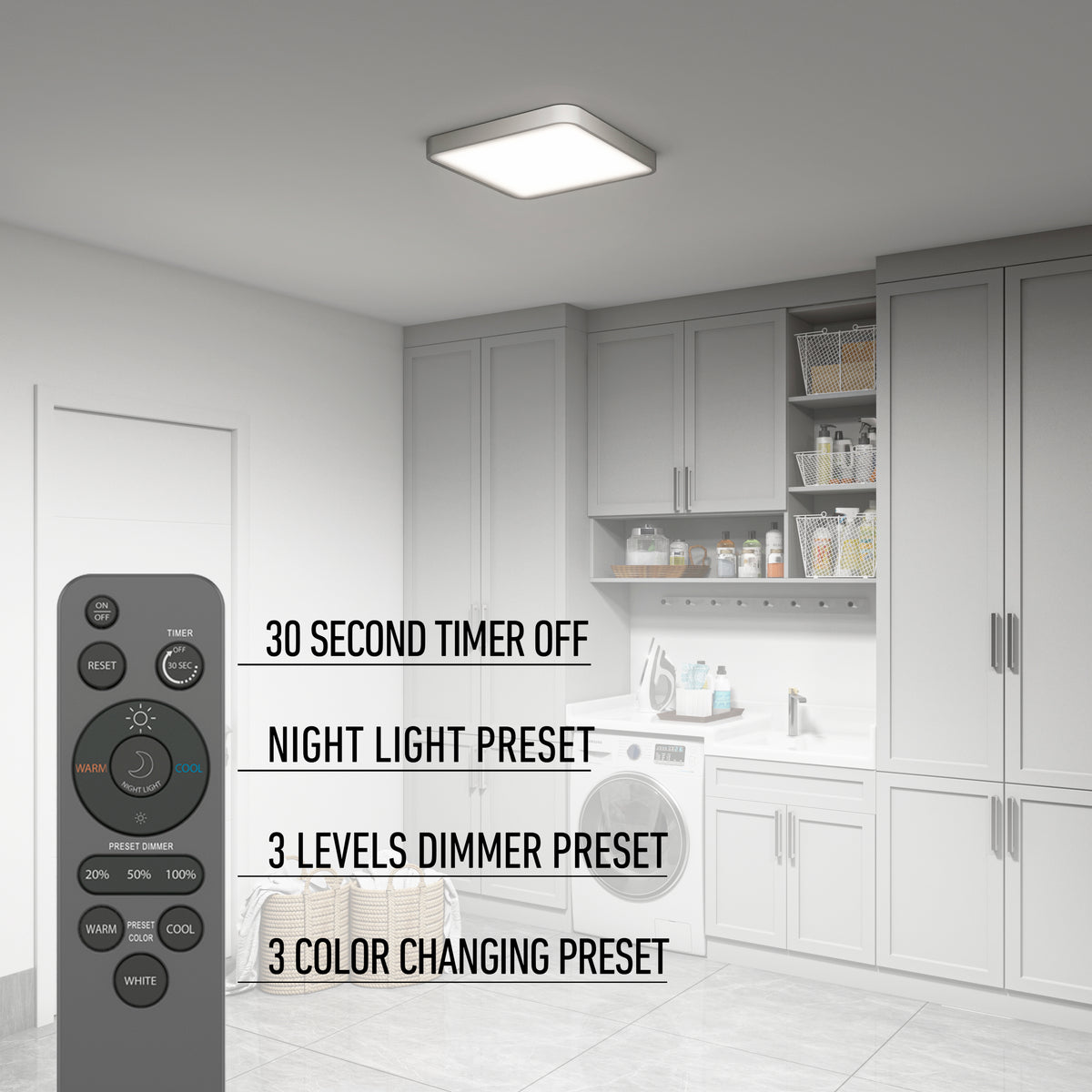 A modern laundry room with gray cabinets, a washer, and dryer. A square ceiling light is on. Inset shows a remote control and a list of four lighting features: timer, night light, dimmer, and color changing.