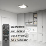 A modern laundry room with gray cabinets, a washer, and dryer. A square ceiling light is on. Inset shows a remote control and a list of four lighting features: timer, night light, dimmer, and color changing.