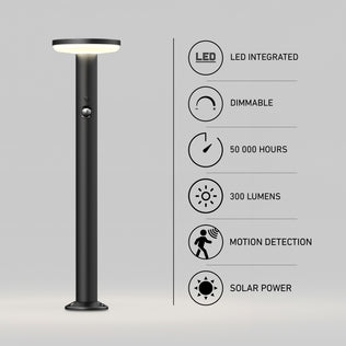 Artika Urbia Solar LED Bollard: tall black light, motion sensor, dimmable, 50K hrs, 300 lumens, solar-powered.