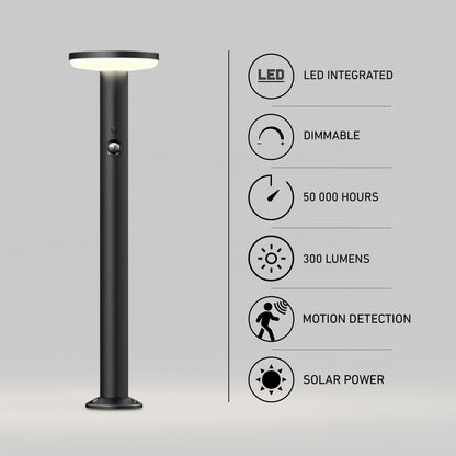 Artika Urbia Solar LED Bollard: tall black light, motion sensor, dimmable, 50K hrs, 300 lumens, solar-powered.