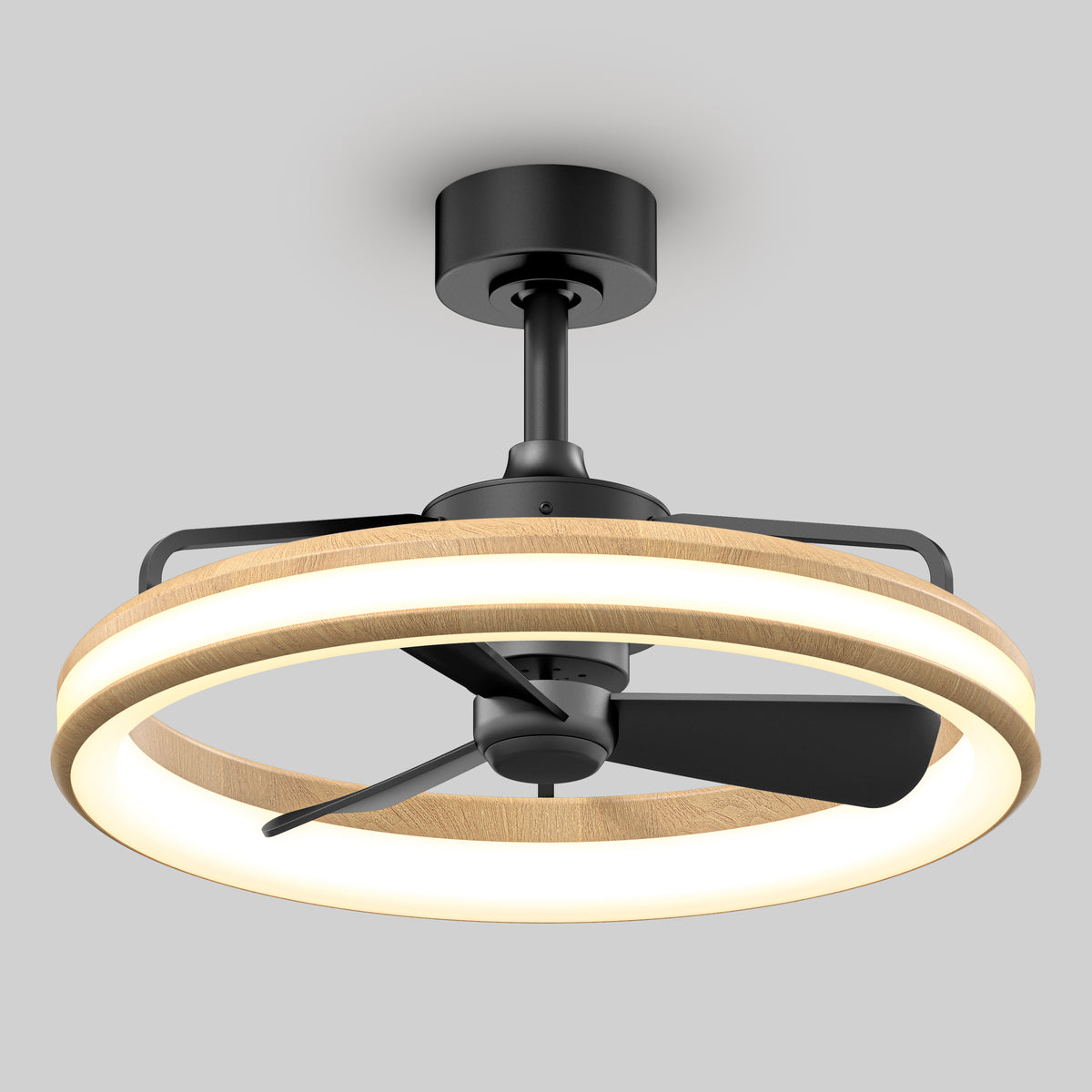 The Artika Lugano 23 in. LED modern ceiling fan features three black blades and a circular wooden LED light ring, all mounted on a sleek black fixture. Includes remote control.