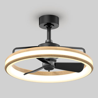 The Artika Lugano 23 in. LED modern ceiling fan features three black blades and a circular wooden LED light ring, all mounted on a sleek black fixture. Includes remote control.