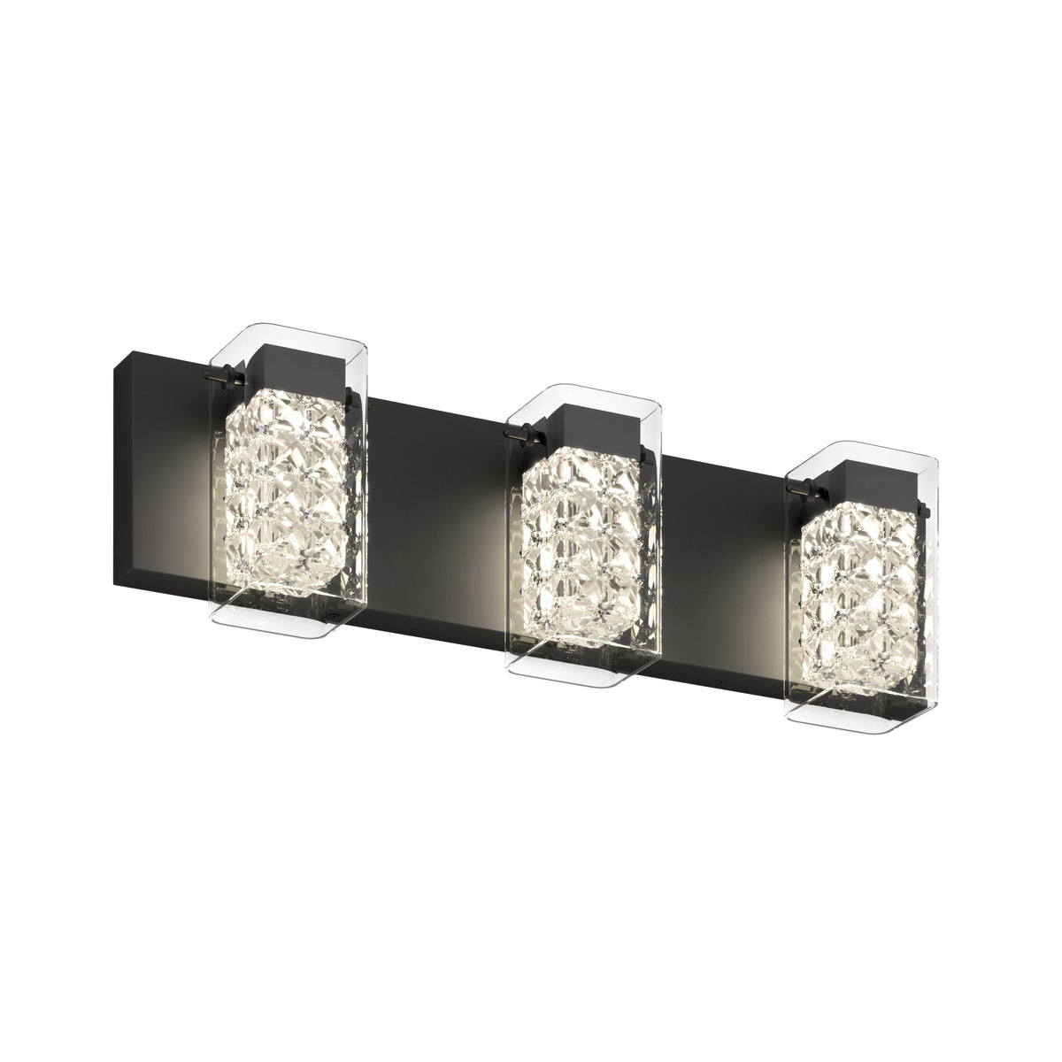 A modern wall sconce light fixture with three rectangular lights, each featuring a textured, clear glass cover and a black rectangular base. The lights are evenly spaced and illuminated.