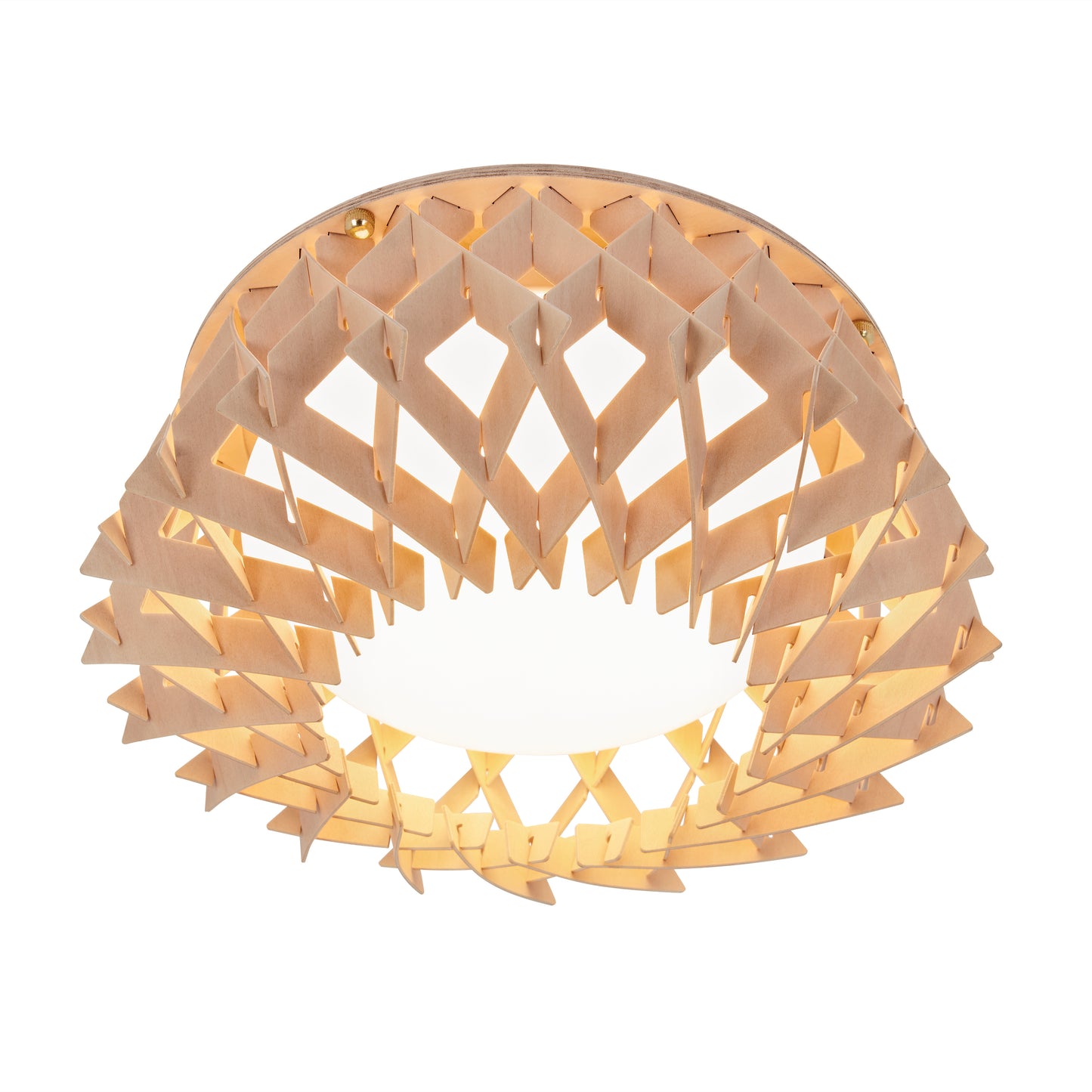 The Artika Kiran 13 in. modern LED flush mount light features a geometric lattice-patterned wooden shade and a circular white diffuser at the base, with selectable 5 CCT options.
