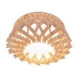 A modern ceiling light fixture with a geometric, lattice-patterned wooden shade, featuring overlapping diamond shapes and a warm, diffused glow from the bulb inside.