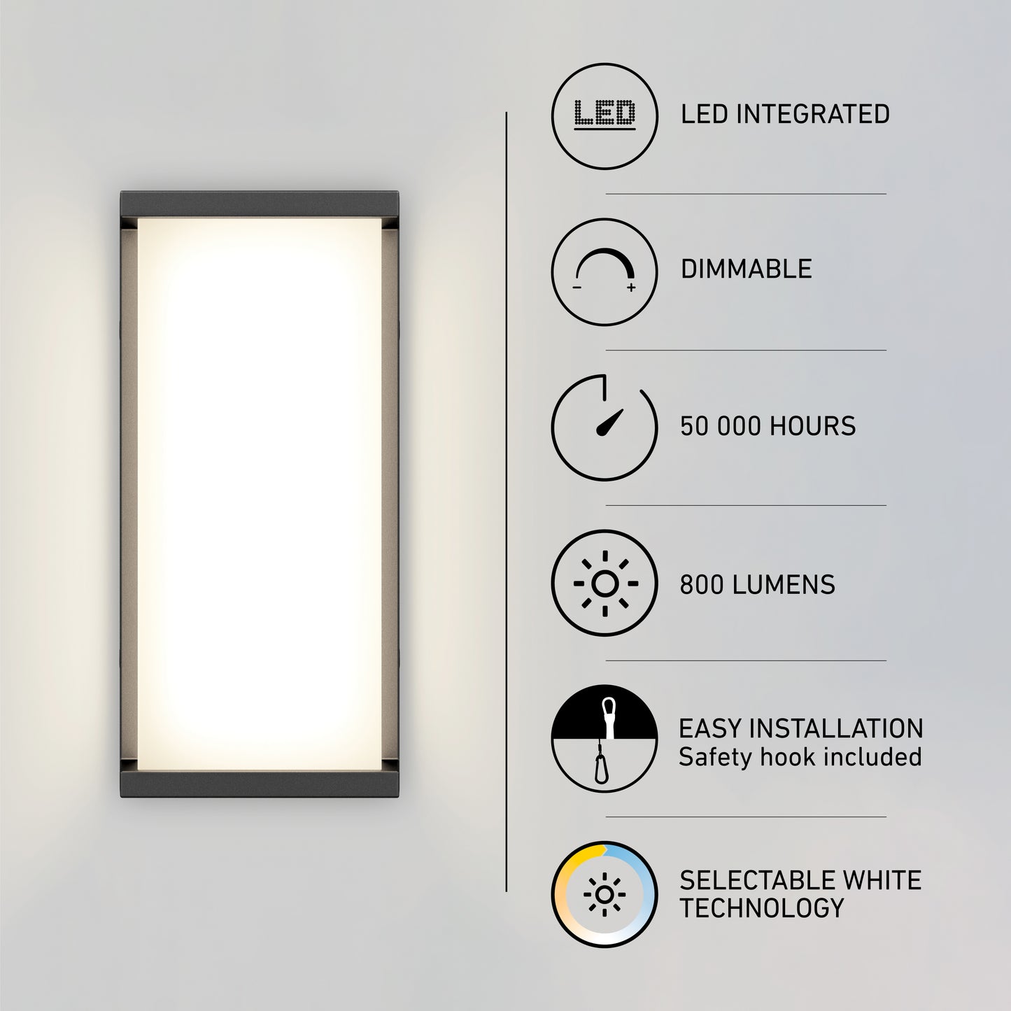 The Faro modern LED indoor-outdoor wall light by Artika glows on a gray wall. Icons and text to the right show: LED integrated, dimmable, 50,000-hour life, 800 lumens, easy installation, and selectable white (3 CCT) technology.