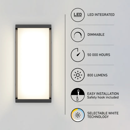 The Faro modern LED indoor-outdoor wall light by Artika glows on a gray wall. Icons and text to the right show: LED integrated, dimmable, 50,000-hour life, 800 lumens, easy installation, and selectable white (3 CCT) technology.