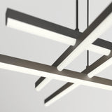 Close-up view of a modern, geometric ceiling light fixture with four elongated, glowing horizontal bars intersecting in a grid pattern against a plain, neutral background.