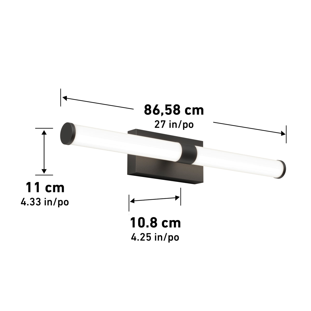 A modern wall-mounted light fixture with a rectangular base and a horizontal cylindrical light. Dimensions are shown: 86.58 cm (27 in) wide, 11 cm (4.33 in) high, and 10.8 cm (4.25 in) deep.