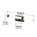 A modern wall-mounted light fixture with a rectangular base and a horizontal cylindrical light. Dimensions are shown: 86.58 cm (27 in) wide, 11 cm (4.33 in) high, and 10.8 cm (4.25 in) deep.