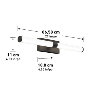 The Artika Vitoro modern LED bathroom vanity light features a wall-mounted, horizontal cylindrical design, measuring 86.58 cm long, 11 cm high, and 10.8 cm deep—ideal for contemporary home lighting.