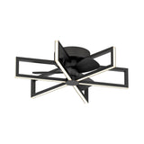 A modern ceiling fan with black blades and four illuminated rectangular LED light frames arranged in an intersecting, geometric pattern around the fan.