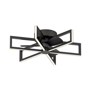 The Artika Swirl 26 in. LED modern ceiling fan features a sleek black finish, four open-frame blades in a geometric pattern, integrated LED edge lighting, 3 speeds, and comes with a remote control.
