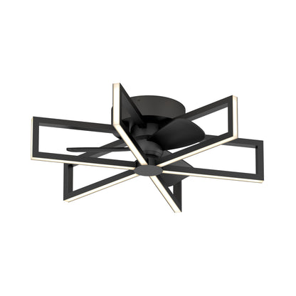 The Artika Swirl 26 in. LED modern ceiling fan features a sleek black finish, four open-frame blades in a geometric pattern, integrated LED edge lighting, 3 speeds, and comes with a remote control.