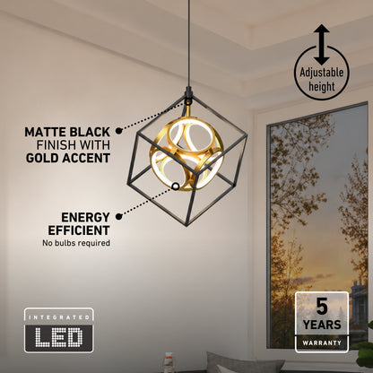 Artika Mini Luxury LED pendant light in matte black with a gold spherical core, featuring adjustable height and a five-year warranty.
