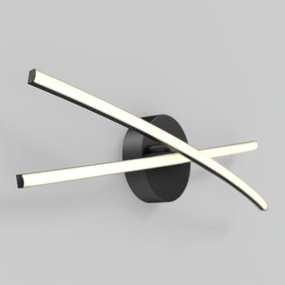 The Orly 25-in (64 cm) Modern Integrated LED 3-CCT Vanity Light by Artika features two curved, illuminated bars over a circular base—ideal for bathroom lighting or enhancing modern decor in black against a grey background.