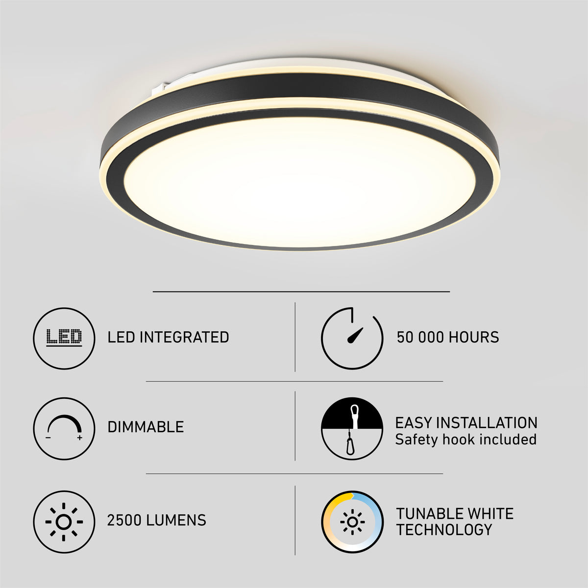 A modern round ceiling light with features listed: LED integrated, 50,000 hours, dimmable, easy installation with safety hook, 2,500 lumens, and tunable white technology. Icons illustrate each feature.