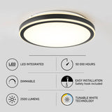 A modern round ceiling light with features listed: LED integrated, 50,000 hours, dimmable, easy installation with safety hook, 2,500 lumens, and tunable white technology. Icons illustrate each feature.