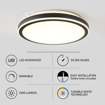 The Artika Altitude 15 in. LED modern flush mount light features a black and white design, 5 CCT tunable white tech, LED integration, dimming, 2500 lumens output, 50,000-hour lifespan, and easy installation.