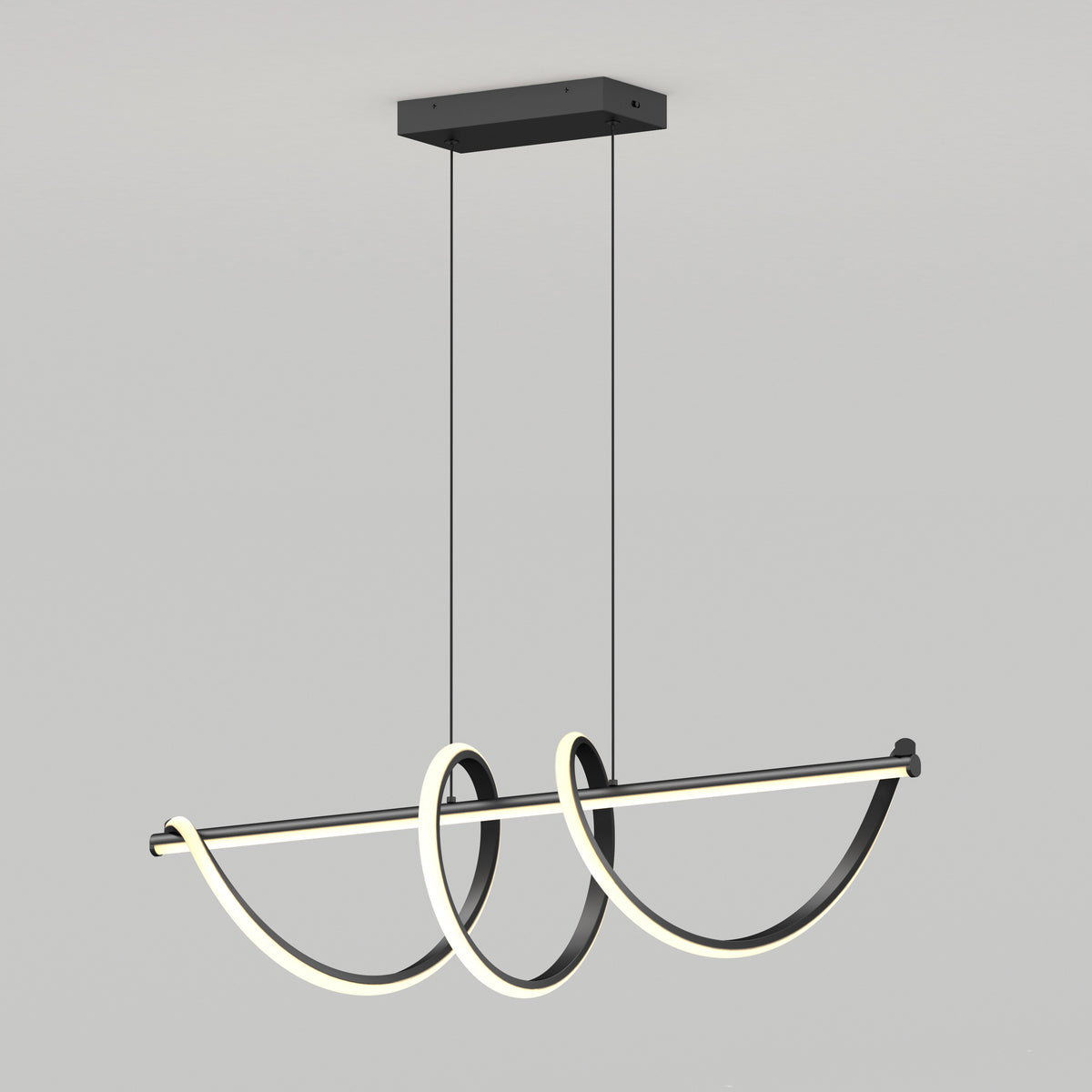 A modern pendant light fixture with two black curved arms forming symmetrical loops, each lined with integrated LED strips, hanging from a rectangular black ceiling mount by two cables. The background is plain light gray.