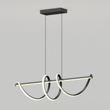 A modern pendant light fixture with two black curved arms forming symmetrical loops, each lined with integrated LED strips, hanging from a rectangular black ceiling mount by two cables. The background is plain light gray.